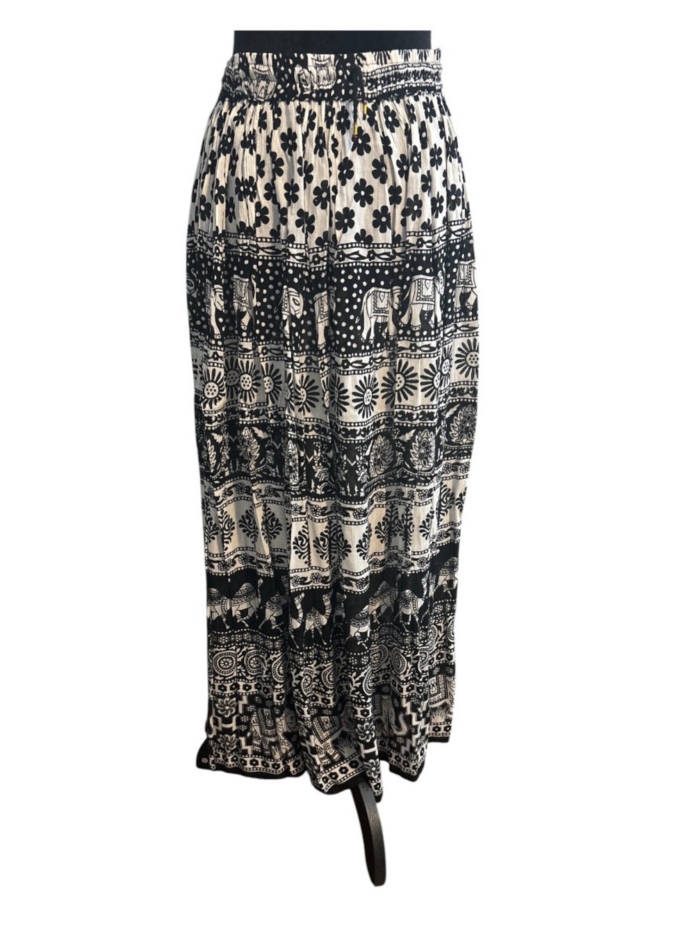 Boho Indian Rayon Maxi Skirt Black White Elephant Print Festival Skirt Free Size
